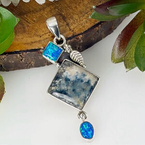 Sterling Silver 925 Fire Opal Pendant Lapis Lace Onyx aka Blue Scheelite